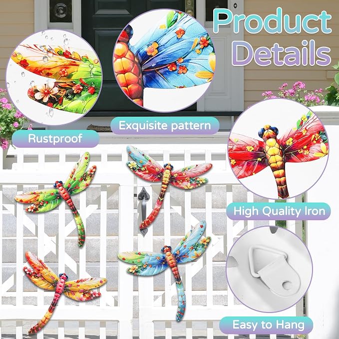 Junware Metal Dragonfly Wall Decor, 4Pcs Dragonfly Wall Art Sculptures Hanging Sculpture Decoration.Outdoor Fence Art for Home Garden, Fence, Patio, Yard, Bedroom Outside Gifts for Adults