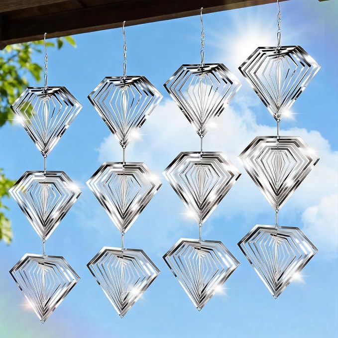 Bird Deterrents for Outside, 12 Discs Stainless Steel 3D Wind Spinners Garden Decor, 4 Sets Reflective Bird Scare Devices to Keep Woodpeckers, Pigeons Away from Patio, Balcony, Porch, Deck