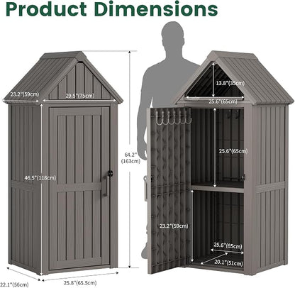 Bifanuo Deck Box Storage Shed Outdoor Storage Cabinet, Vertical Waterproof Resin Material Plastic Shed with Removable Shelves, 12 Hooks and Lock Ring for Garden, Pool and Patio (Grey)