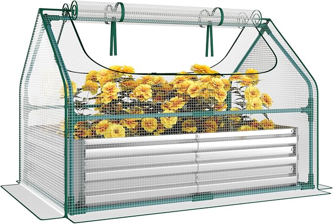 Miory Raised Garden Bed with PE Cover, 4x2.5x1 FT Galvanized Planter Box Outdoor with Mini Greenhouse, 2 Zippered Windows for Vegetables, Flowers, Includes Plant Labels & Gloves