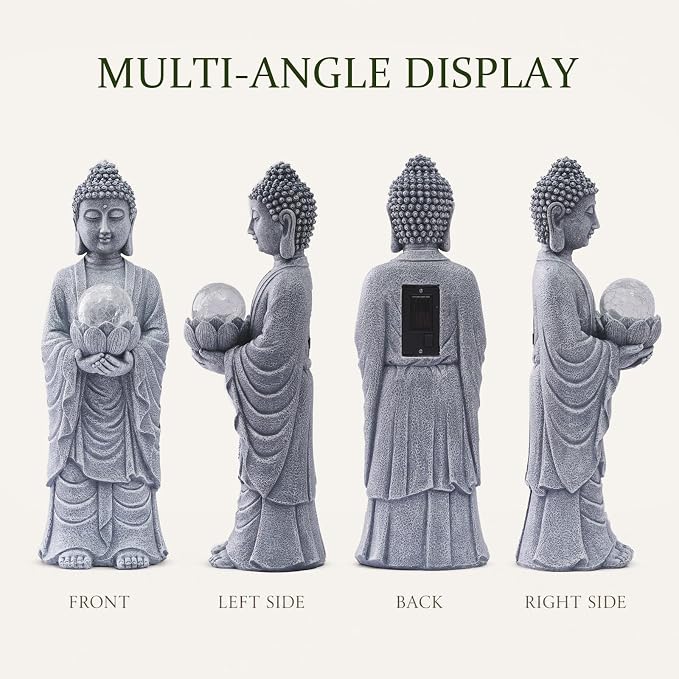 Goodeco Buddha Statue with Solar Lotus – 18.2 Inch Tall Large Garden Buddha Statue for Outside, Outdoor Zen Garden Statues