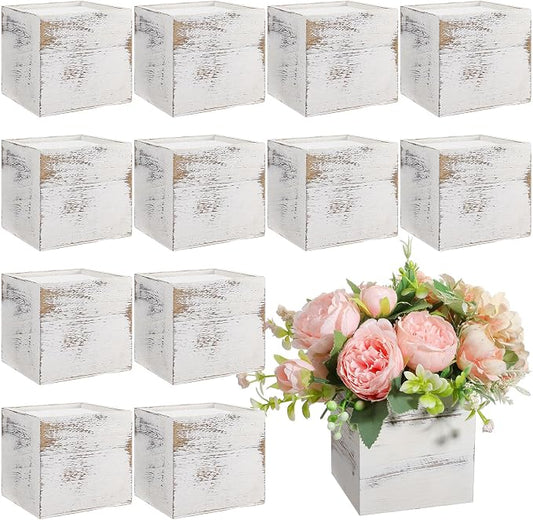 Suzile 12 Set 4 Inch Wooden Planter Box Flower Square vases for Centerpiece Rustic Cube Planter Box with Removable Foam Blocks Liner Square Vase Craft for Garden Home(White)