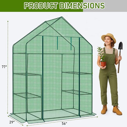 Outvita Walk-in Greenhouse, Outdoor Durable PE Plant Green House for Frost Protection with 3 Tiers 4 Shelves, Shelf Clips, Roll-up Zipper Door, 56"x29"x77" Green