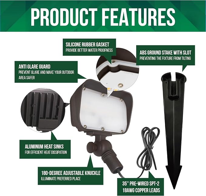 GKOLED 7W LED Outdoor Flood Light, Low Voltage Landscape Lighting, Waterproof Security Wall Lighting Fixture, 9-15V, 480 Lumen, 3000K, 1/2" Adjustable Knuckle Mount, Die-cast Aluminum, Brown