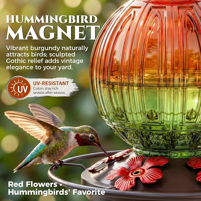 Glass Hummingbird Feeder for Outdoors Hanging, 26Oz Bird Nectar Feeder with Perch & 5 Flower Feeding Ports, Leak Proof for Outside Garden Decor Backyard, Gifts for Women Mom, Orange & Green