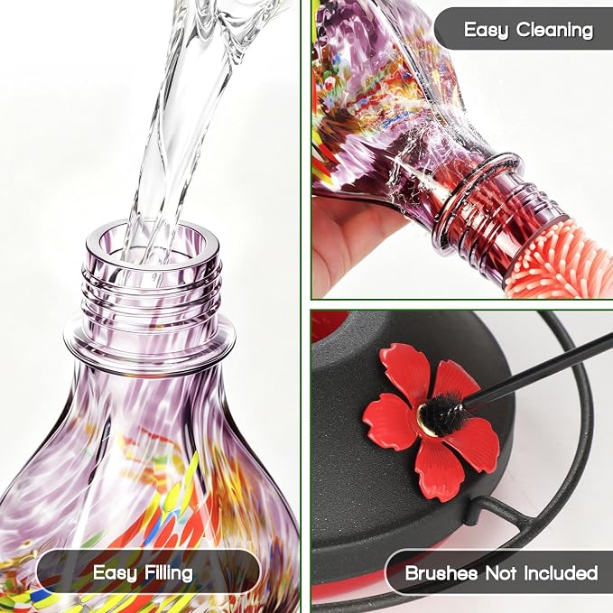 Hand Blown Glass Hummingbird Feeders for Outdoors Hanging, 24oz Wild Bird Nectar Feeder with Ant Moat and Perch, Bee-Resistant Ports, Garden Decor, Gifts for Women Mom, 1 Pack, Purple Phoenix