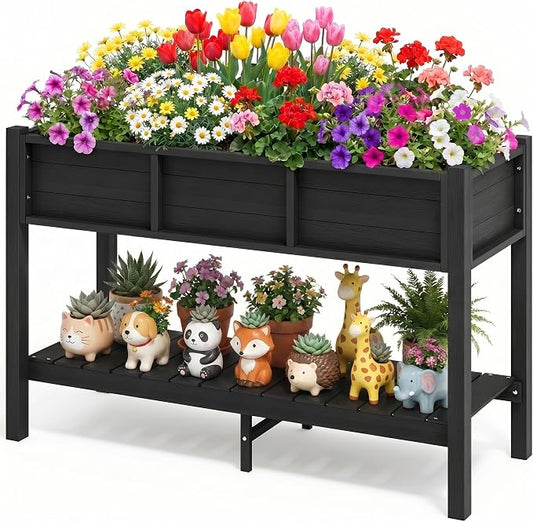 DWVO 48x18x30in Raised Garden Bed Kit, HDPE Planter Box Stand, Poly Wood Weather-Resistant Planter Box with Legs & Storage Shelf, Elevated Garden Bed for Backyard, Patio, Balcony,Black