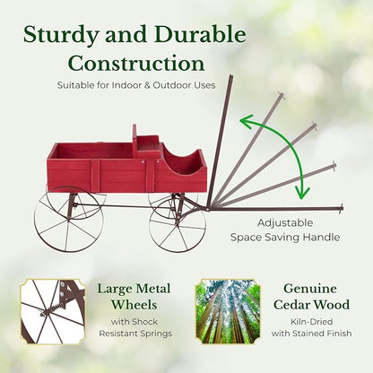 Shine Company Decorative Wagon Garden Planter, Wooden Wagon Yard Décor for Outdoor Plants, Small, Red