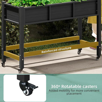 YITAHOME Raised Garden Bed HDPE, 47x18x31 in Raised Planter Box with Legs Poly-Wood Weather-Resistant Elevated Planter Box with Lockable Wheels for Vegetables, Herb Garden Bed, Black