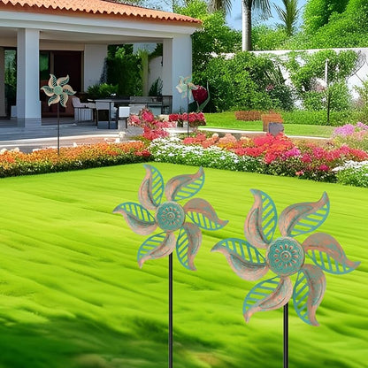 2 Pack Wind Spinners Outdoor Metal Vintage Green, Waterproof Wind Sculptures Garden Pinwheels & Decorative Stakes, Small Windmills for Yard Lawn Patio Outdoor Garden Decor (Type 36)