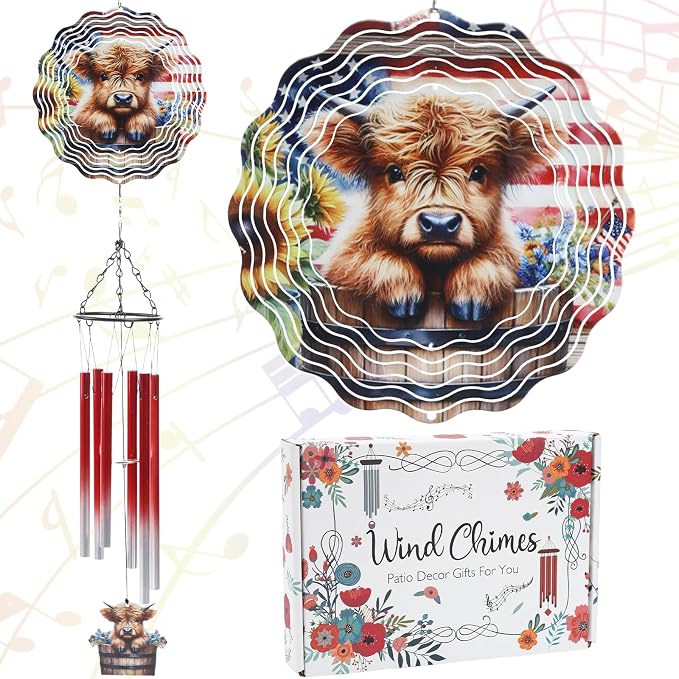 Highland Cow Wind Chimes - Metal Windchime with 3D Spinners | Cows Gifts for Women Mom Garden Decor Indoor Outdoor Art Hanging Decoration for Patio Yard Balcony Christmas Birthday Gift