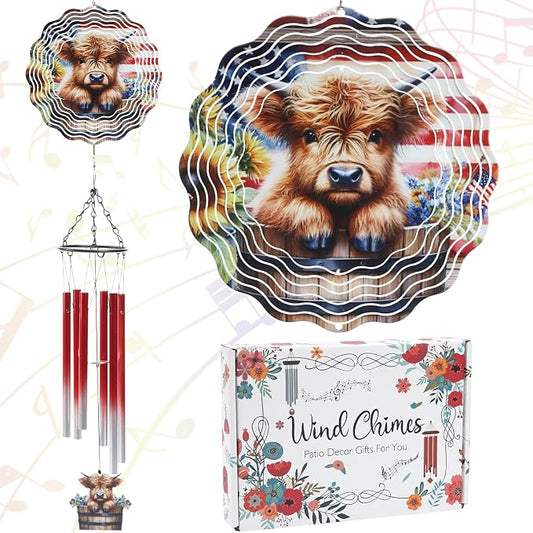 Highland Cow Wind Chimes - Metal Windchime with 3D Spinners | Cows Gifts for Women Mom Garden Decor Indoor Outdoor Art Hanging Decoration for Patio Yard Balcony Christmas Birthday Gift