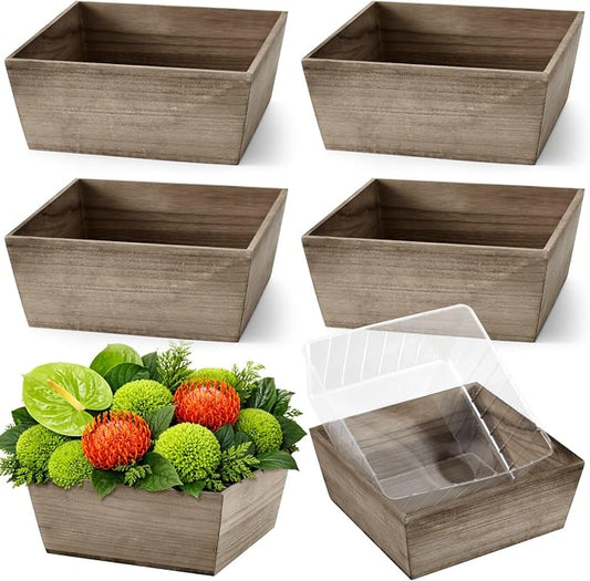 Dandat 6 Set Wooden Centerpiece Box for Wedding Table Decor 10 Inch Rustic Wood Planter Box with Removable Plastic Liner Flower Boxes for Party Wedding Baby Shower Home Garden Decor(Brown)