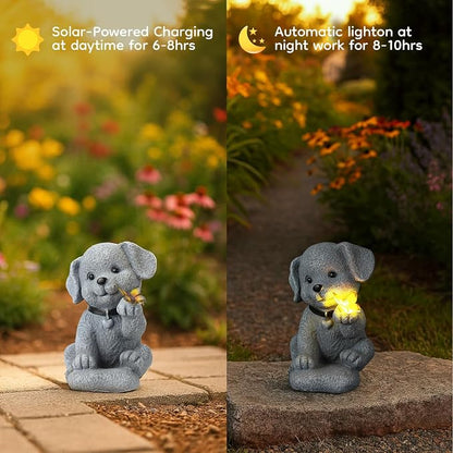 Solar Dog Statue with Butterfly, Outdoor Garden Decor with LED Light for Patio, Lawn Ornament for Courtyard, Valentine's Day Birthday Gift for Women Mom Grandma