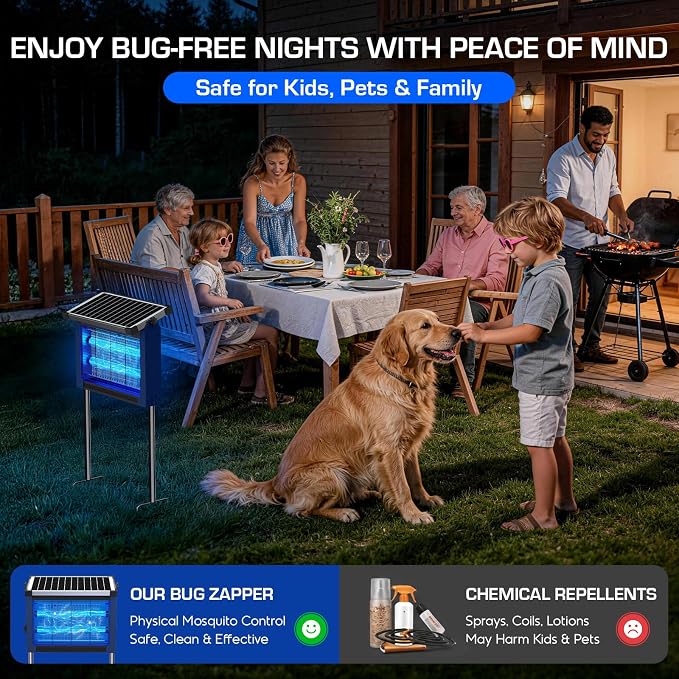 Solar Bug Zapper Outdoor Waterproof, 4500V High Power Cordless Mosquito Zapper with Smart Light Sensor, Dual Solar & USB Rechargeable Insect Killer for Patio, Garden, Backyard, Indoor & Outdoor Use