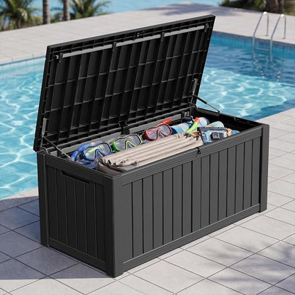 Outdoor Storage Box, 150 Gallon Resin Deck Boxes Outdoor Waterproof For Patio Furniture, Garden Tools, Pool Supplies, Lockable And UV Resistant (Striped Black)