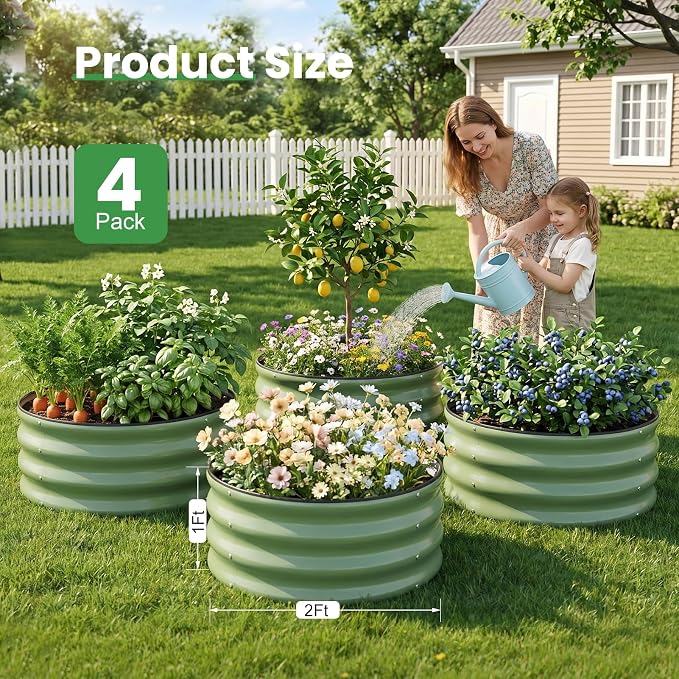 WILLOW WEAVE 4 Pcs Round Raised Garden Bed Outdoor, 2x2x1ft Circle Garden Bed, Galvanized Raised Planter Box for Gardening, Metal Raised Beds for Flower, Vegetable, Herb, OliveGreen