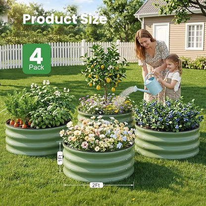 WILLOW WEAVE 4 Pcs Round Raised Garden Bed Outdoor, 2x2x1ft Circle Garden Bed, Galvanized Raised Planter Box for Gardening, Metal Raised Beds for Flower, Vegetable, Herb, OliveGreen