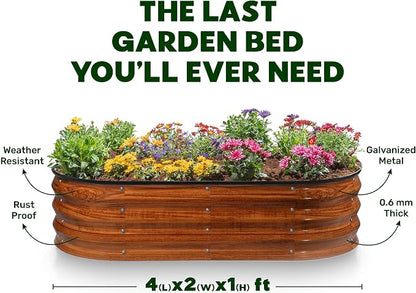 Plant & Plot Galvanized Raised Garden Beds Outdoor // 4×2×1 ft (2-Pack) Planter Raised Beds for Gardening, Vegetables, Flowers (Dark Wood Grain) // Large Metal Garden Box