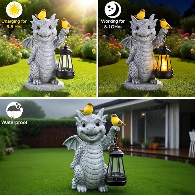 Solar Dragon Garden Statue with Lantern and Birds – Resin Dinosaur Figurine with LED Light for Yard, Outdoor Decor, Gifts for Mom, Women (Dragon)