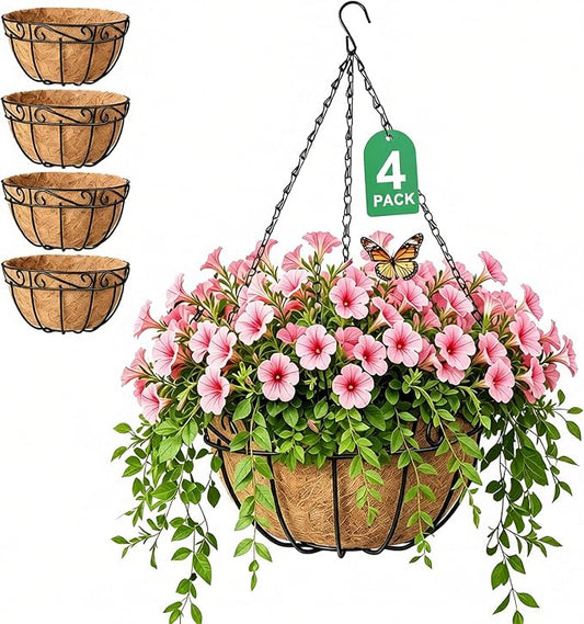 AMAGABELI GARDEN & HOME 4 Pack 15 Inch Metal Plant Hanging Baskets Planter Flower Pots Outdoor Indoor Wire Hanging Basket for Vegetable with Coco Fiber Liners for Garden Home Porch Decor
