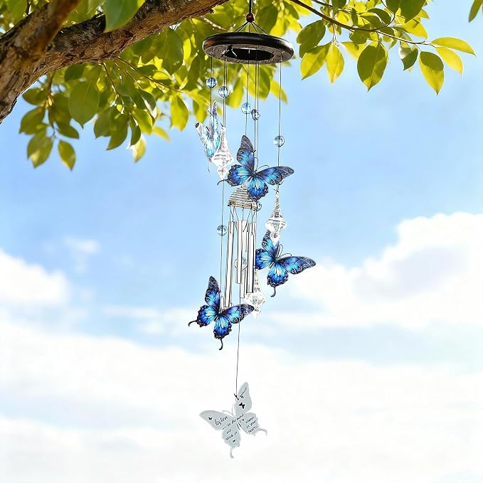 YU FENG Butterfly Memorial Wind Chime, Crystal Suncatcher Outdoor Decor | 27 Inch Metal Hanging Chime, Blue Butterfly Design, Sympathy Remembrance Gift, Garden Yard Patio Decoration