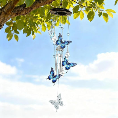 YU FENG Butterfly Memorial Wind Chime, Crystal Suncatcher Outdoor Decor | 27 Inch Metal Hanging Chime, Blue Butterfly Design, Sympathy Remembrance Gift, Garden Yard Patio Decoration