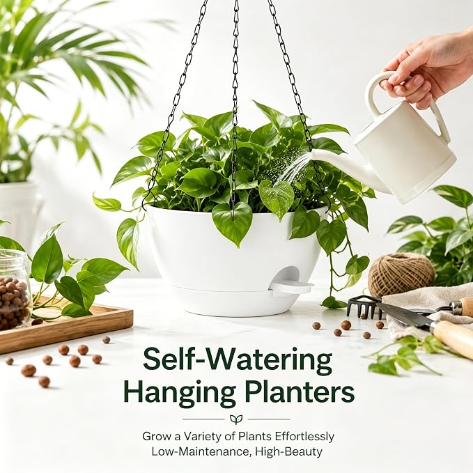 12 Inch Self Watering Hanging Planters 2 Pack, White | Plastic planters with drainage holes and saucers. Suitable for indoor, outdoor, kitchen, balcony and garden plant decor.