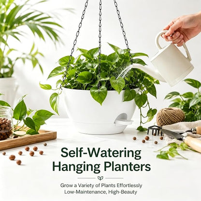 12 Inch Self Watering Hanging Planters 2 Pack, White | Plastic planters with drainage holes and saucers. Suitable for indoor, outdoor, kitchen, balcony and garden plant decor.