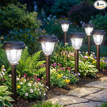 DERAYSION 8 Pack Solar Lights Outdoor Pathway, Stainless Steel Glass Solar Garden Lights, Auto On/Off Long-Lasting Waterproof Outdoor Solar Lights for Yard, Landscape, Path, Driveway, Walkway Décor