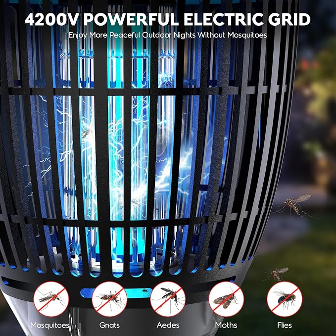 Solar Bug Zapper Outdoor, Mosquito Zapper with Flame Light, RGB Projector | 4200V Electric Grid, Solar & USB Charging, Smart Auto Mode, IP65 Waterproof Mosquito Zapper for Patios Gardens Camping Yards