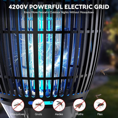 Solar Bug Zapper Outdoor, Mosquito Zapper with Flame Light, RGB Projector | 4200V Electric Grid, Solar & USB Charging, Smart Auto Mode, IP65 Waterproof Mosquito Zapper for Patios Gardens Camping Yards