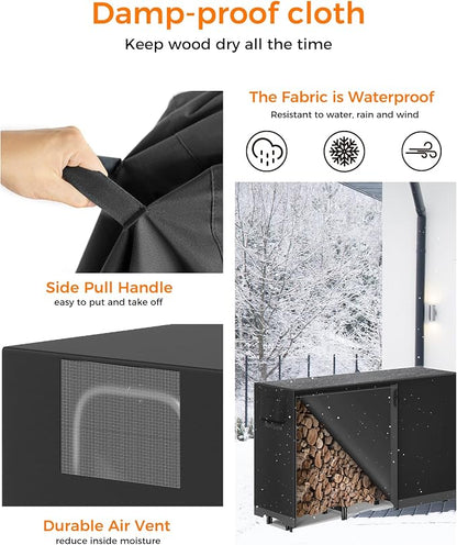 6ft Firewood Log Rack with Cover Outdoor, Heavy Duty Indoor Outdoor Firewood Storage Log Rack with Cover Combo Set Black