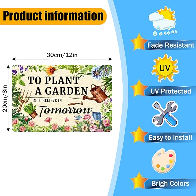 To Plant A Garden is To Believe Tomorrow Tin Signs-Funny Garden Signs for Outside,Gardening Metal Signs Perfect Gifts for Plant Lover Mothers Grandmas and Housewarming 8x12in