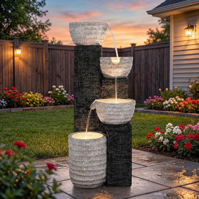 40" H Multilayer Cascading Outdoor Water Fountain with LED Lights & Pump, Sand-Textured Polyresin Freestanding Garden Fountain for Tranquil Garden, Patio or Porch | Unique Sand-Textured Polyresin Freestanding Garden Fountain for Garden, Patio or Porch