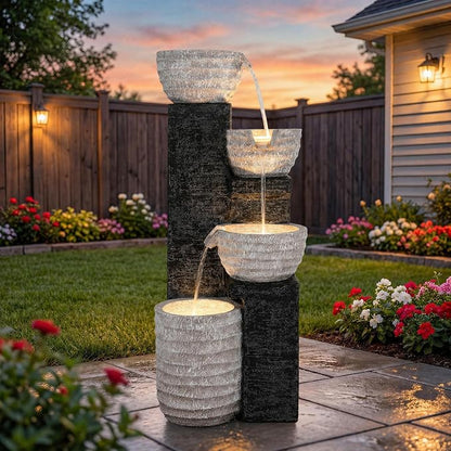 40" H Multilayer Cascading Outdoor Water Fountain with LED Lights & Pump, Sand-Textured Polyresin Freestanding Garden Fountain for Tranquil Garden, Patio or Porch | Unique Sand-Textured Polyresin Freestanding Garden Fountain for Garden, Patio or Porch
