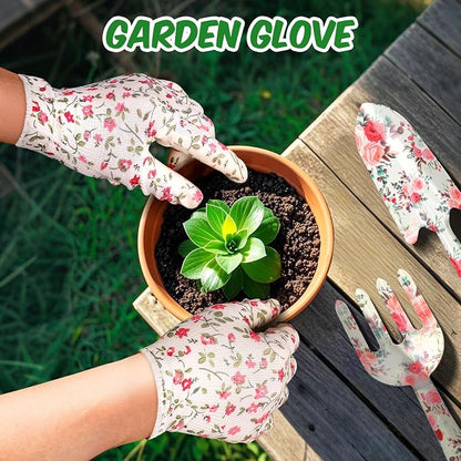 Gardening Gifts for Women, Garden Tools for Mom Grandma | Gardening Tools with Hand Fork Trowel Gloves Apron, Floral Print Birthday Pink Gifts for Plant Lovers Wife, Retirement Gifts