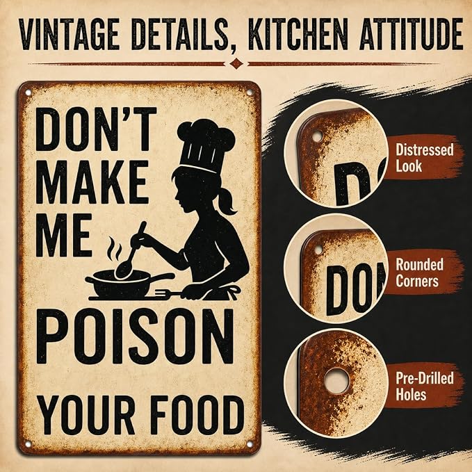 Funny Kitchen Sign – “Don’t Make Me Poison Your Food” Vintage Metal Tin Sign for Home, Chef, or Restaurant Wall Decor – Chef Gift for Men Women Cook Lovers Definition Quotes(kitchen-001)