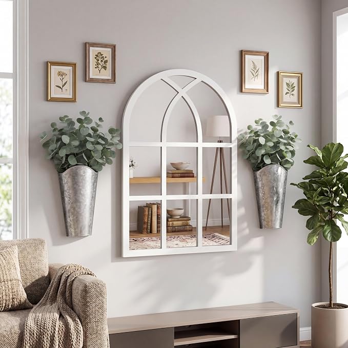 Chunful 3 Pcs Farmhouse Wall Decoration, Includes Self Adhesive Arched Acrylic Mirror and 2 Galvanized Planters, Farmhouse Mirrors with Wooden Frame Metal Tin Vases for Home Bedroom Living Room