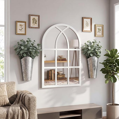 Chunful 3 Pcs Farmhouse Wall Decoration, Includes Self Adhesive Arched Acrylic Mirror and 2 Galvanized Planters, Farmhouse Mirrors with Wooden Frame Metal Tin Vases for Home Bedroom Living Room