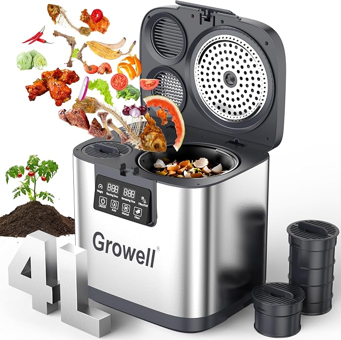 Electric Composter for Kitchen, 4L Indoor Odorless Compost Bin with 2 Carbon Filters, Upgraded Brushless Motor, Auto-Clean, LED Display, Visible Window, Smart Countertop Food Waste Composting Machine