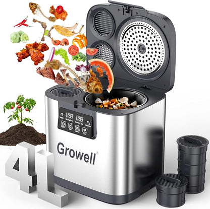 Electric Composter for Kitchen, 4L Indoor Odorless Compost Bin with 2 Carbon Filters, Upgraded Brushless Motor, Auto-Clean, LED Display, Visible Window, Smart Countertop Food Waste Composting Machine