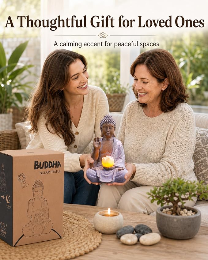 Nacome Solar Buddha Garden Statue Decor: Sitting Resin Figurine with Lotus Flower Light Zen Sculpture for Patio Lawn Yard Porch Balcony Meditation Space - 10.6 inches(White)