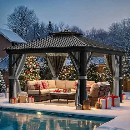 YITAHOME 12x12ft Hardtop Gazebo with Nettings and Curtains | Heavy Duty Double Roof Galvanized Steel Outdoor Combined of Vertical Stripes Roof for Patio, Backyard, Deck, Lawns, Gray