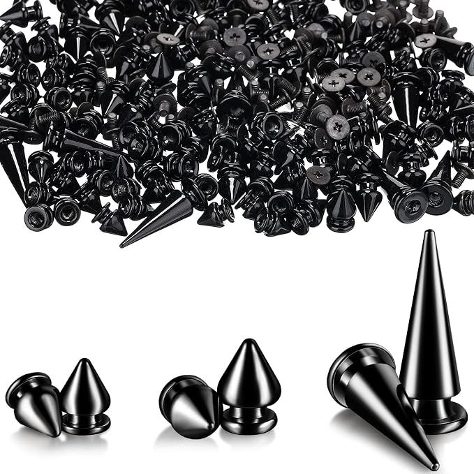 170 Pieces Multiple Sizes Cone Spikes Screwback Studs Rivets Large Medium Small Metal Tree Spikes Studs for Punk Style Clothing Accessories DIY Craft Decoration (Black)
