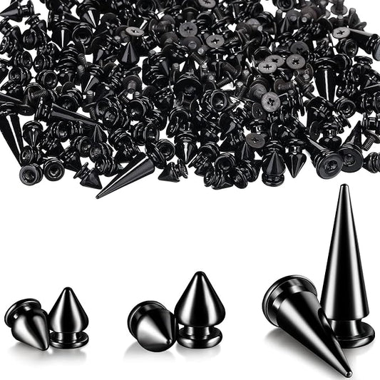 170 Pieces Multiple Sizes Cone Spikes Screwback Studs Rivets Large Medium Small Metal Tree Spikes Studs for Punk Style Clothing Accessories DIY Craft Decoration (Black)