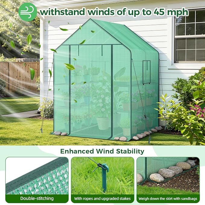 Ohuhu Greenhouse for Outdoors with Screen Windows, 57 x 57 x 76'' Walk in Plant Greenhouses Heavy Duty with Durable PE Cover, 3 Tiers 12 Shelves Stands Plastic Portable Green House with Shelf Clips