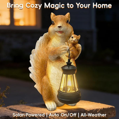 7.8" Solar Garden Squirrel Resin Statues with LED Light | Cute Animal Figurine Outdoor Indoor Decor for Patio Yard Balcony Perfect Mother‘s Day Birthday Housewarming Gift for Women
