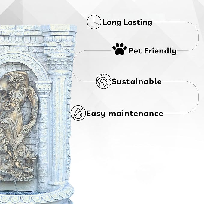XBrand 30.3" Solar-Powered Wall Fountain with Gold Flower Maiden Statue, Antique Stone Waterfall Design for Garden, Yard Décor & Bird Bath, Polyresin