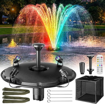 Antfraer Floating Pond Fountain with RGB LED Lights, 1600GPH Pond Fountain for Large Ponds, Remote Control Pond Aerator with 3 Spray Patterns for Water Gardens, Fish Pool & Lakes, 21.65 Inch Float